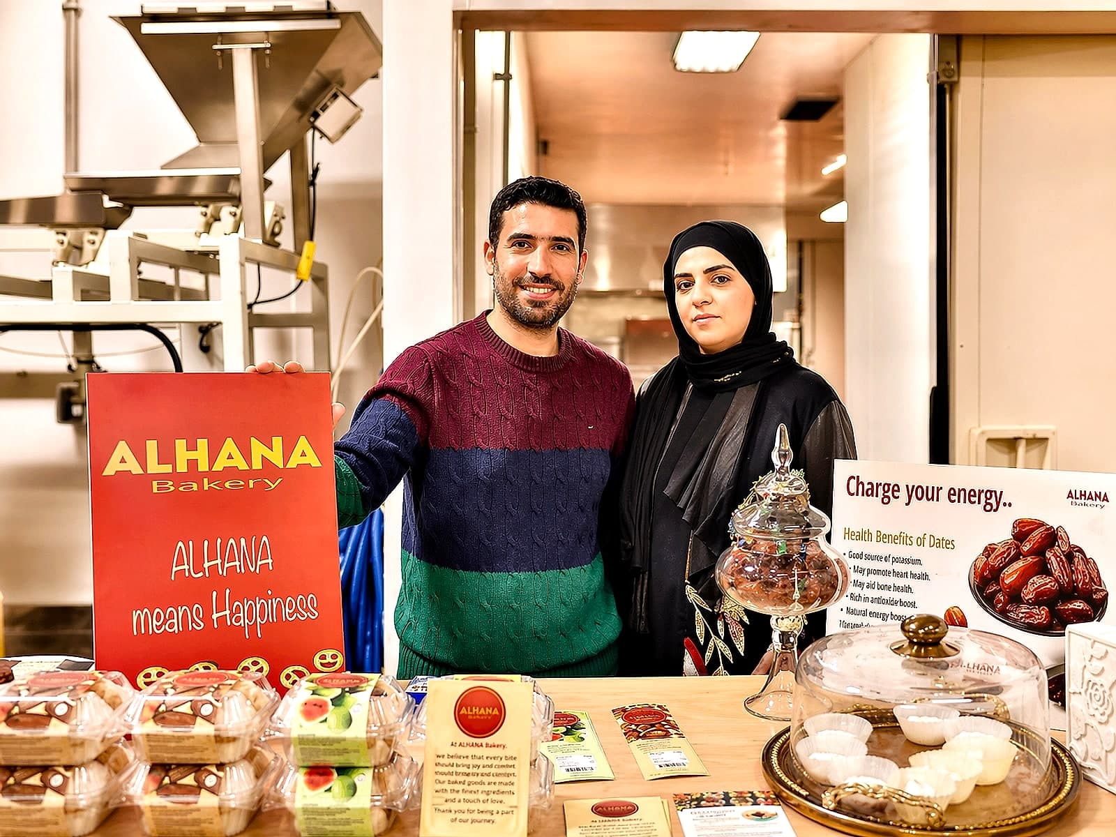 The Zidan family at an Alhana Bakery booth with the ALHANA means Happiness sign